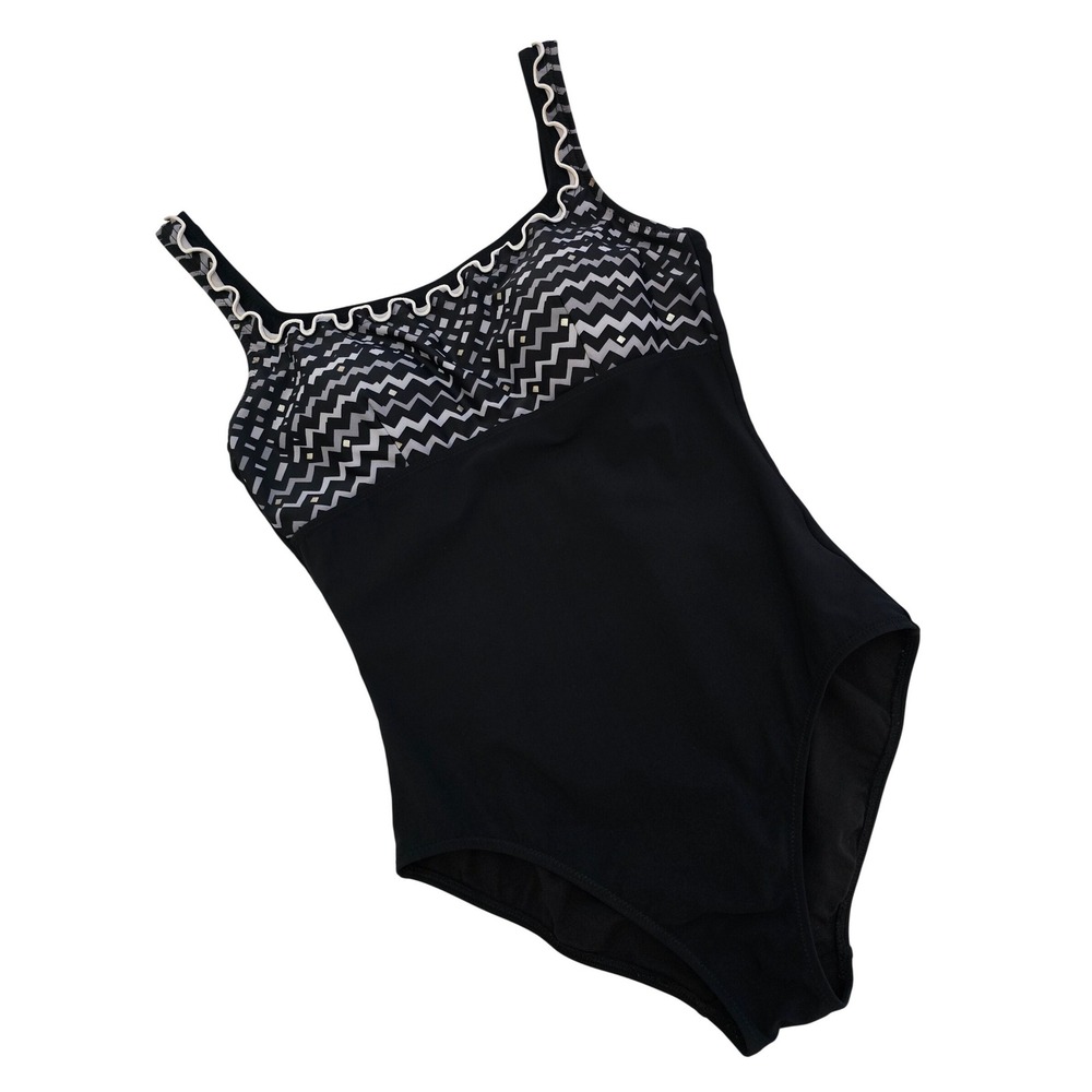 Profile by Gottex Women's Black Chevron Print Ruffle One Piece Swimsuit 10